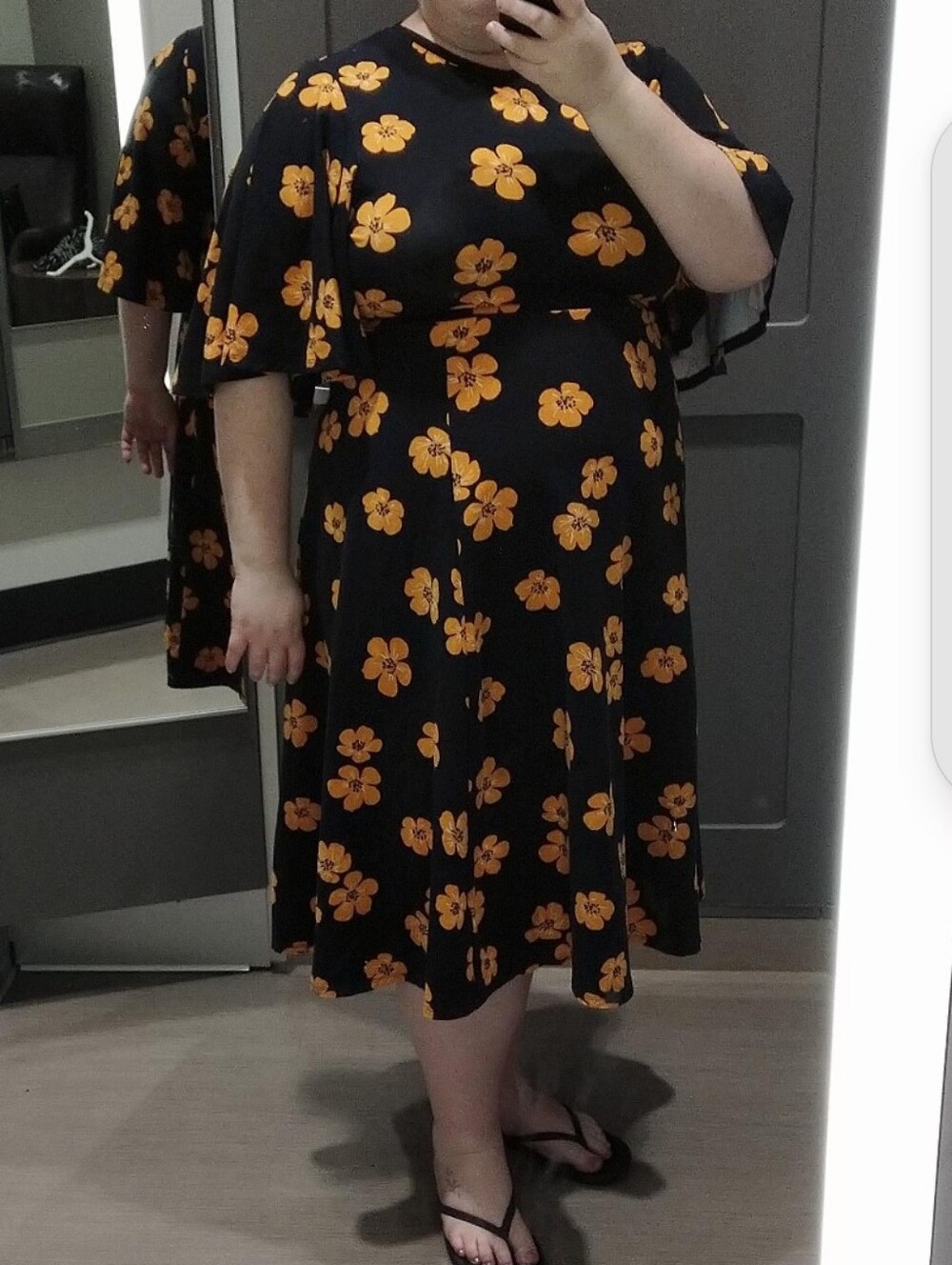 Who What Wear Black Midi Dress with Orange Floral Print, Bell Sleeves